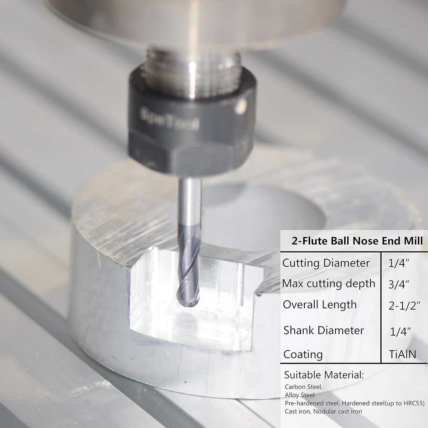 SpeTool 5PCS Ball Nose End Mill Cutter CNC Router Bits Double Flute HRC55 Spiral Milling Tool 1/4 Inch Shank 2-1/2 Inch Length OVL