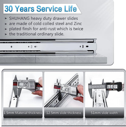 SHUHANG Heavy Duty Drawer Slides Full Extension 12 14 16 18 20 22 24 26 28 30 32 34 36 38 40 Inch (51mm -Without Lock, 34 inch)