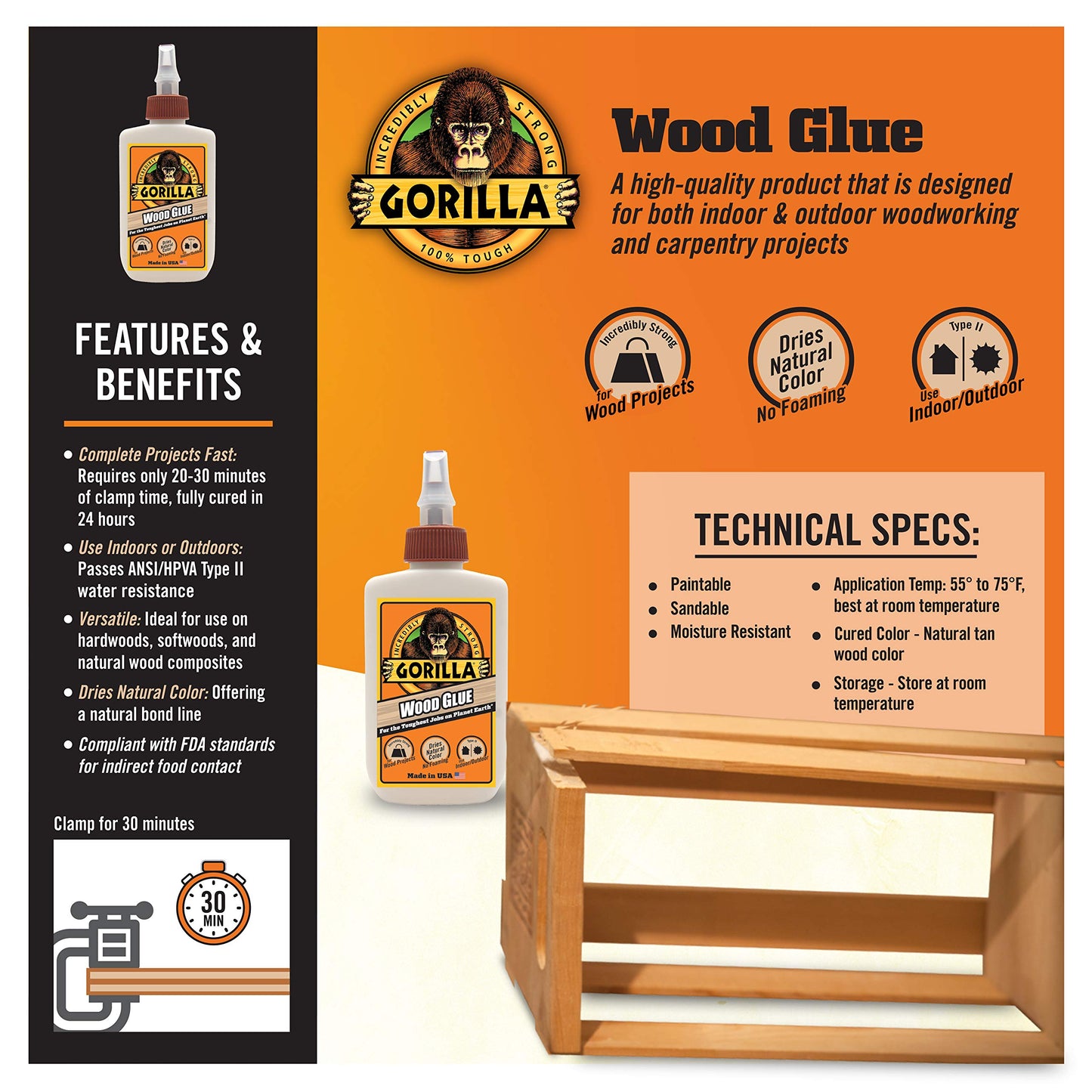 Gorilla Wood Glue, Gel, Indoor & Outdoor Carpentry Projects, Paintable, Sandable, Moisture Resistant, Clamping, Natural Color, 18oz/532mL, (Pack of 1)