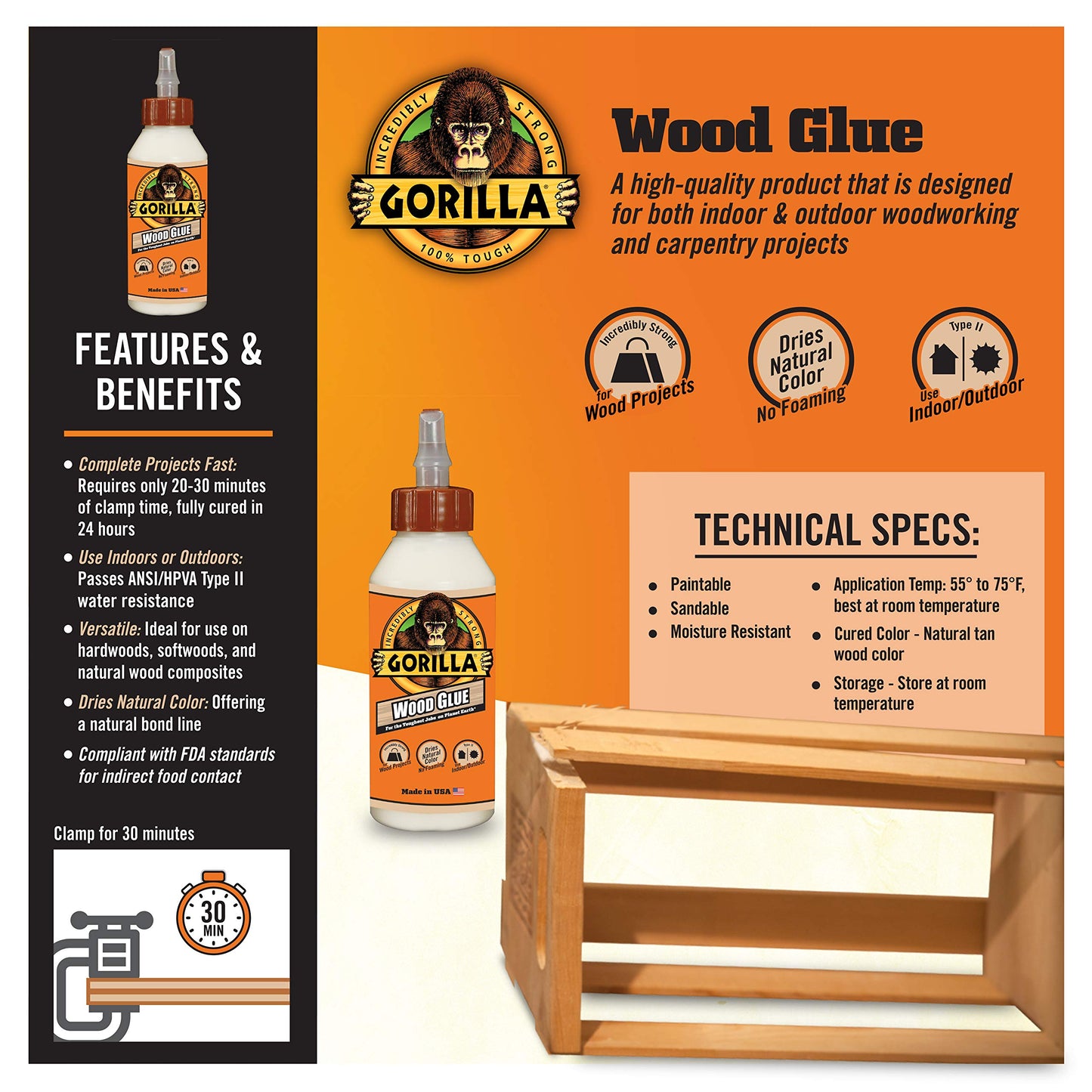 Gorilla Wood Glue, Gel, Indoor & Outdoor Carpentry Projects, Paintable, Sandable, Moisture Resistant, Clamping, Natural Color, 18oz/532mL, (Pack of 1)
